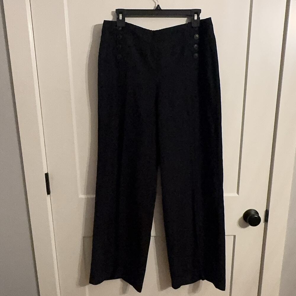 LARRY LEVINE Women's Size 14 Black Wide Leg Linen Rayon Twill Pants Pockets